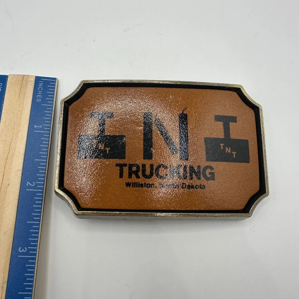 VTG TNT Trucking Williston North Dakota Belt Buckle Brass Tone Western Cowboy